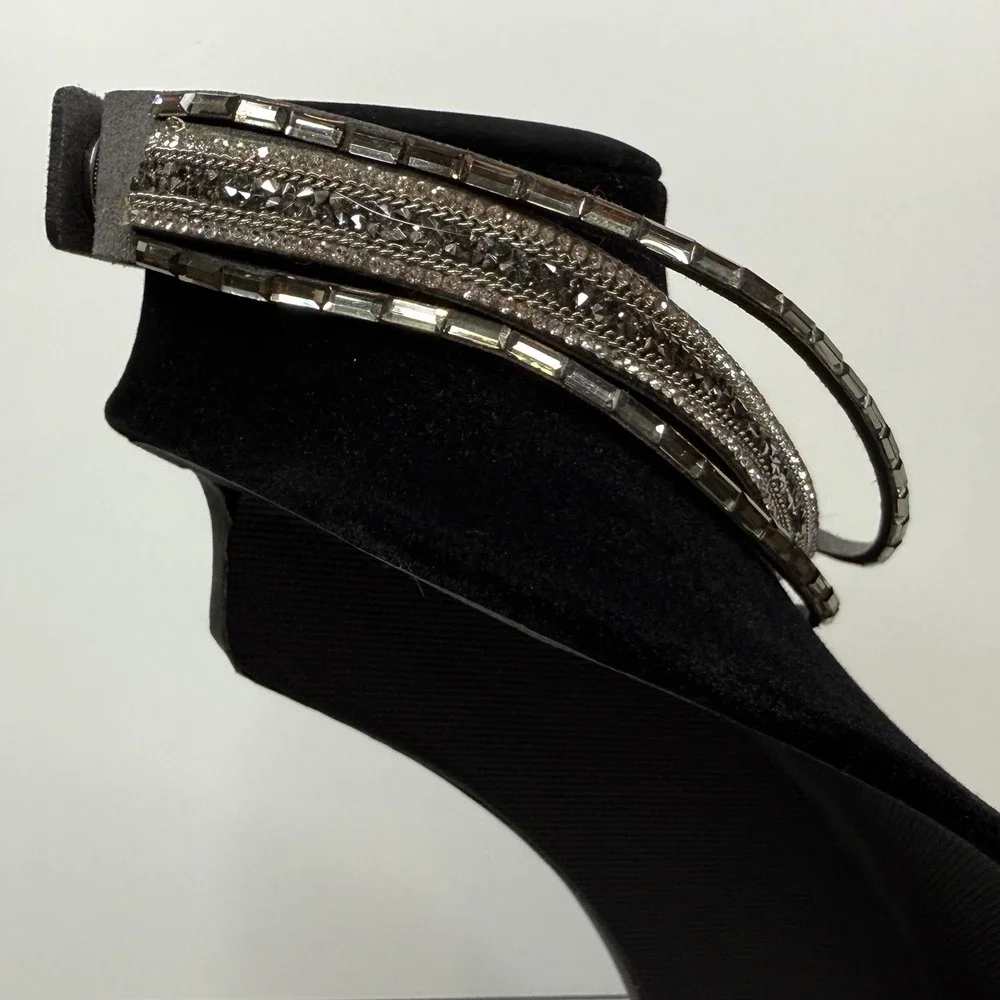 Rhinestone Statement Choker Necklace Silver Vegan Suede Gray Wrap Jewelry 16.5in - Picture 4 of 6